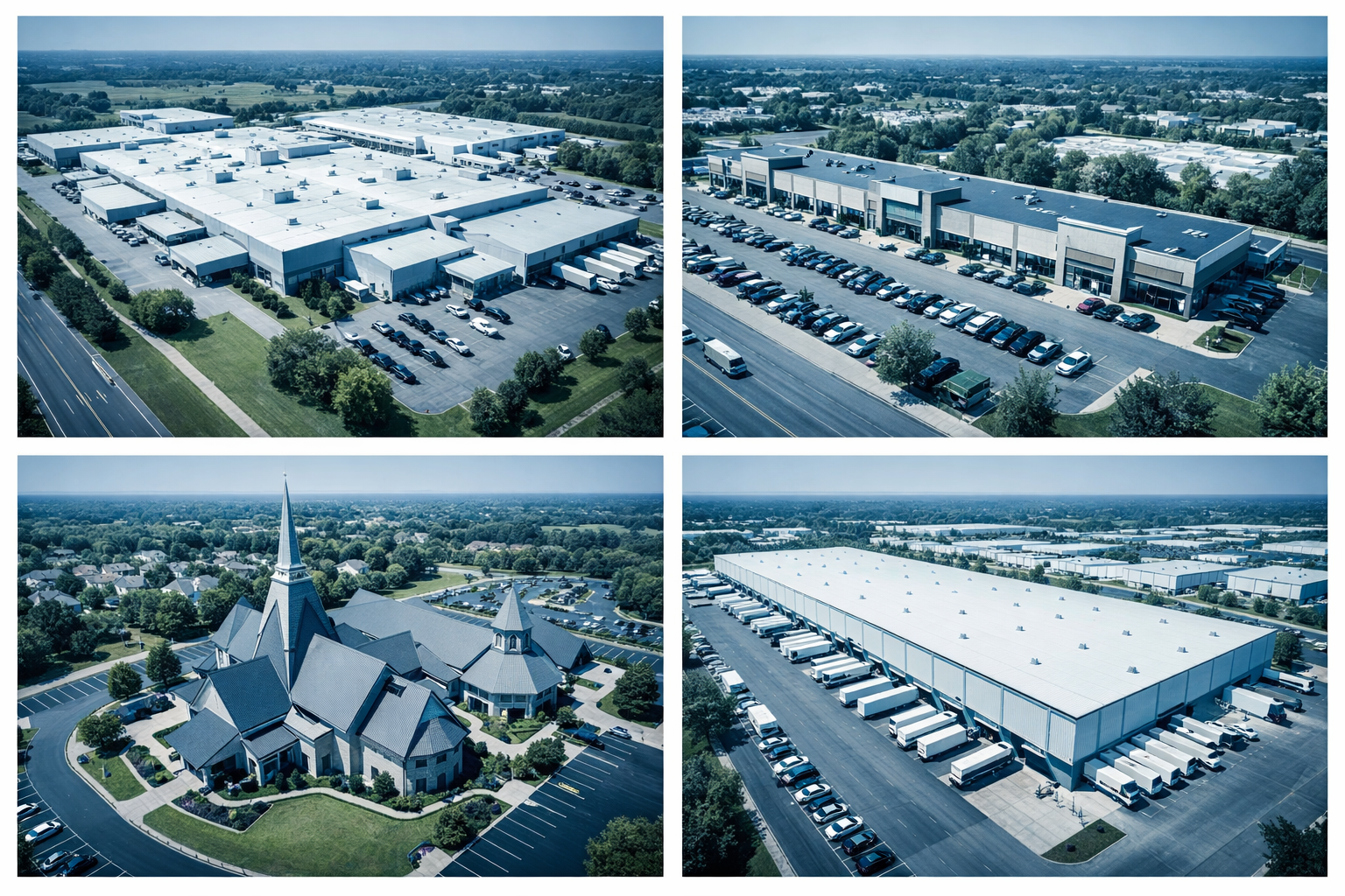 Aerial views of manufacturing, retail, church, and warehouse facilities